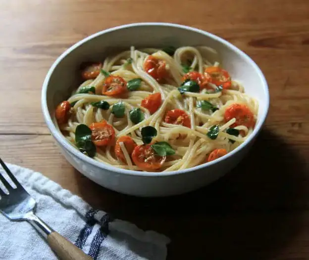 Spaghetti With Roasted Sungold Tomatoes And Moringa