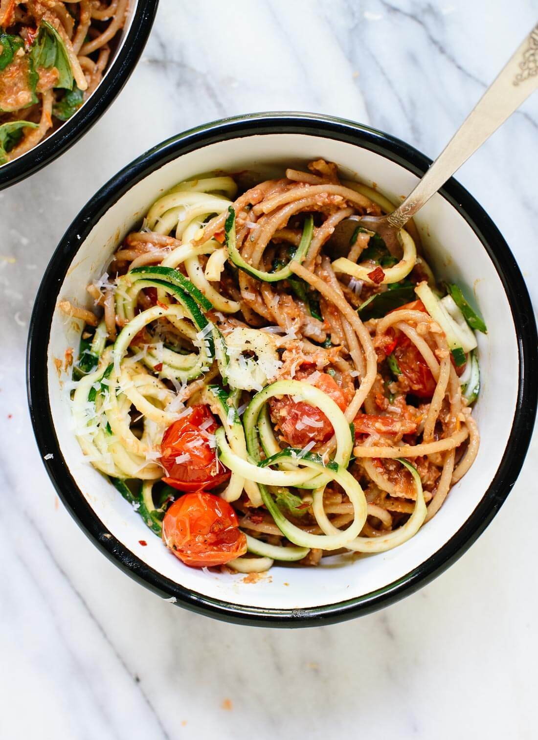 Double Tomato Pesto Spaghetti with Zucchini Noodles