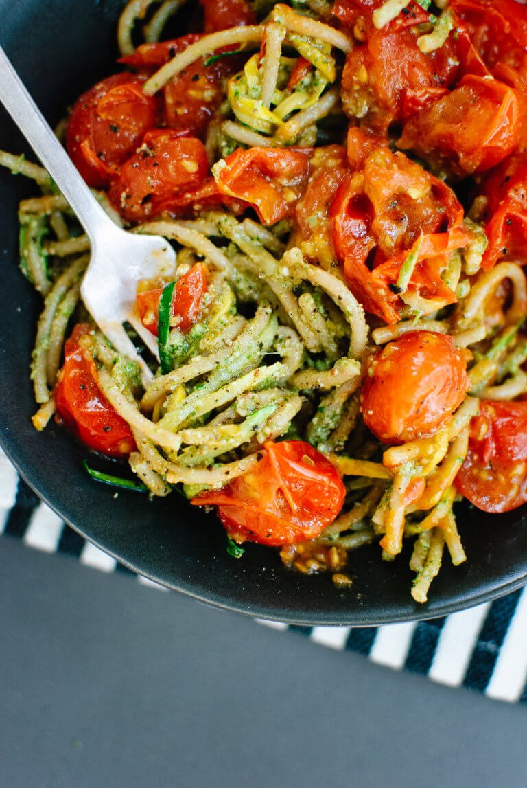 Pesto Squash Noodles and Spaghetti with Burst Cherry Tomatoes