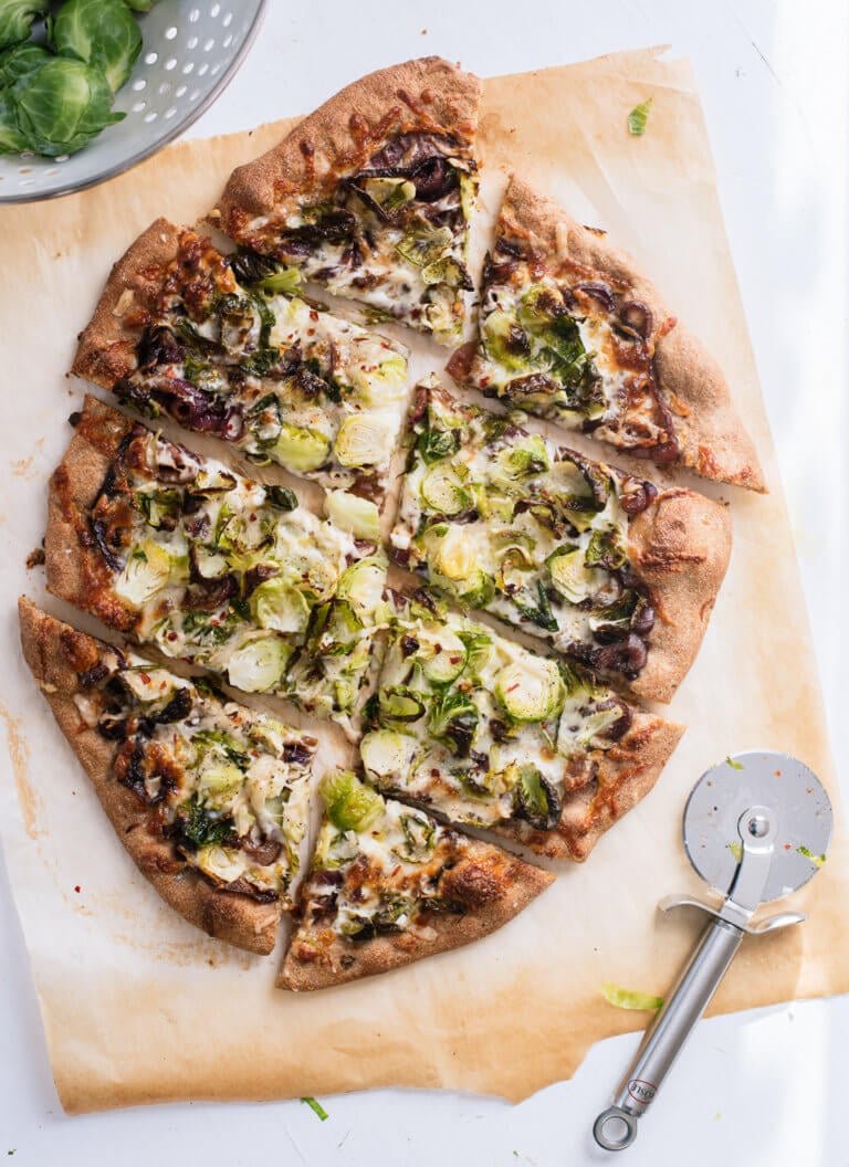 Brussels Sprouts Pizza with Balsamic Red Onions