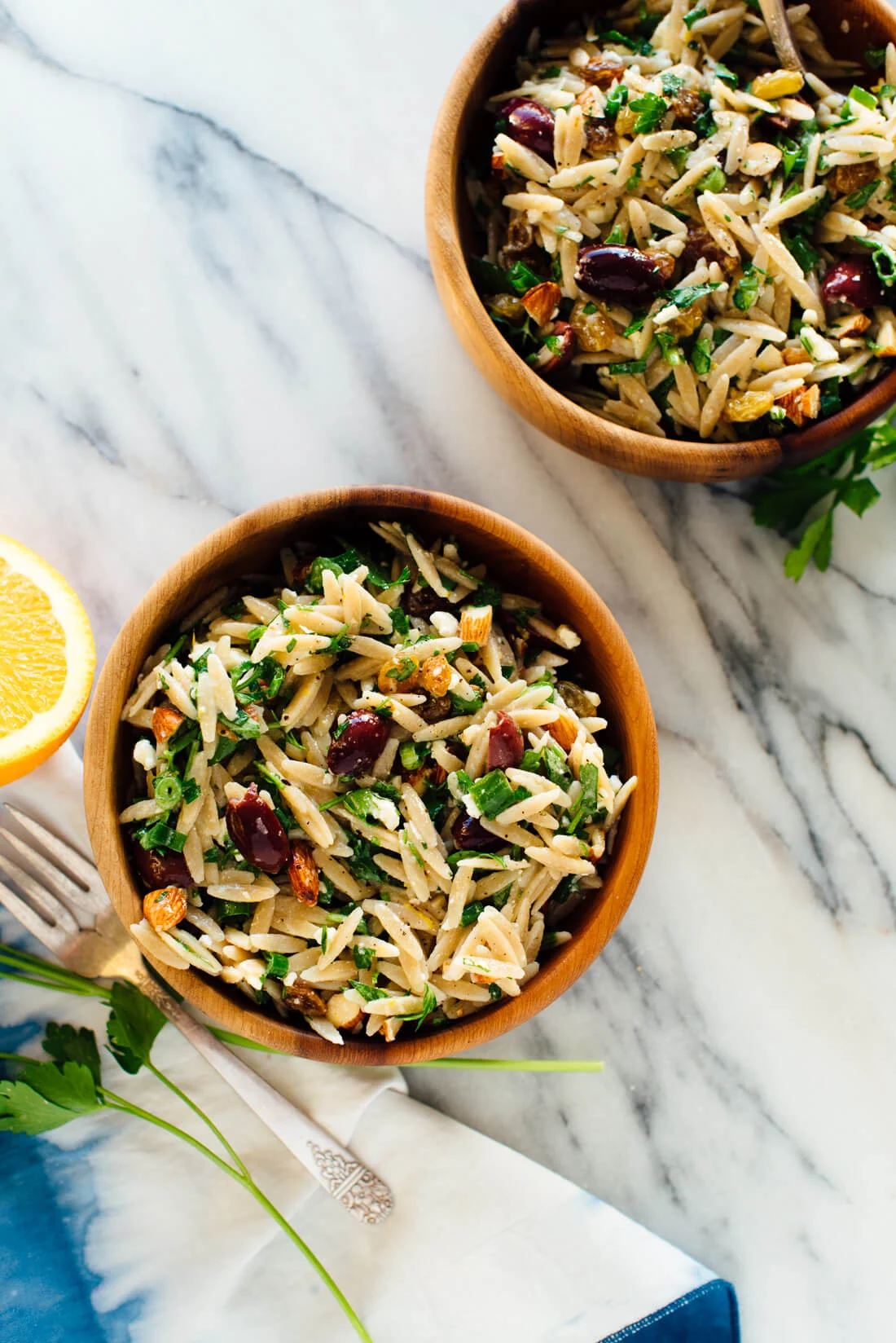 Orange Orzo Salad with Almonds, Feta and Olives