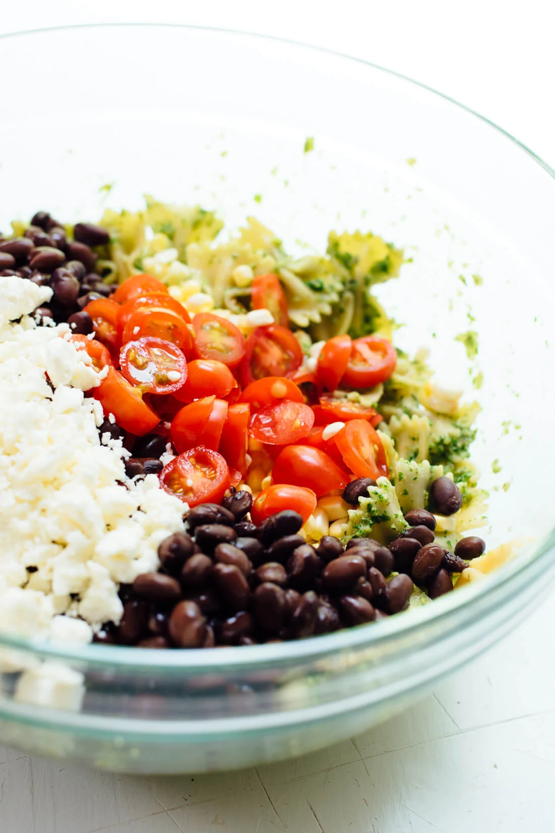 Summertime Pasta Salad with Tomatoes, Corn and Jalapeño Pesto