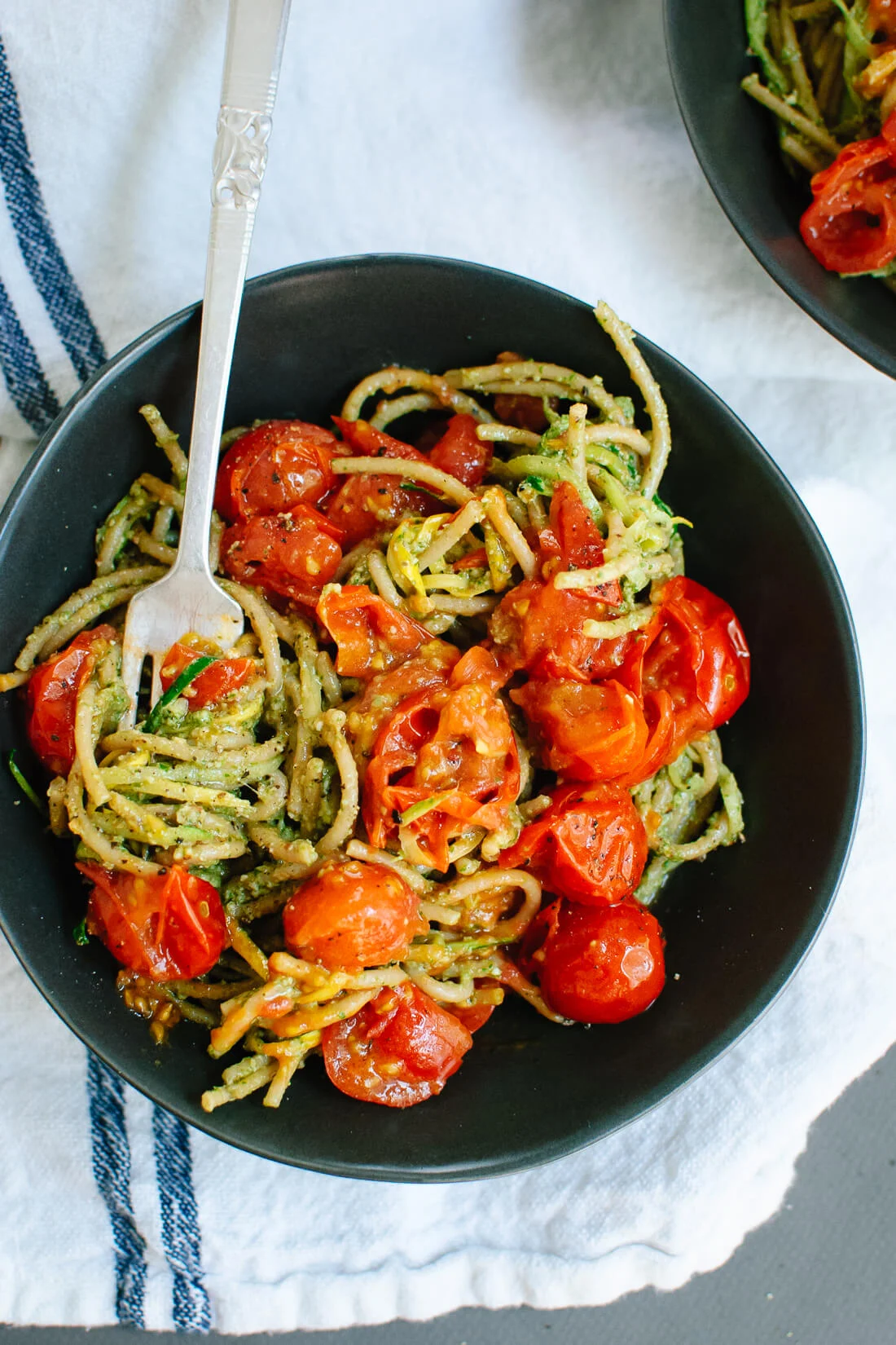 Pesto Squash Noodles and Spaghetti with Burst Cherry Tomatoes